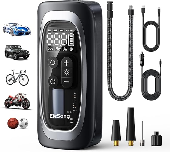 Electric Air Pump Battery Bicycle Pump 150 PSI Portable Battery Compressor 12 V 1800 mAh Rechargeable Air Pump Bicycle with LED Light, Electric Bicycle Pump for Car, E-Bike, Motorcycle