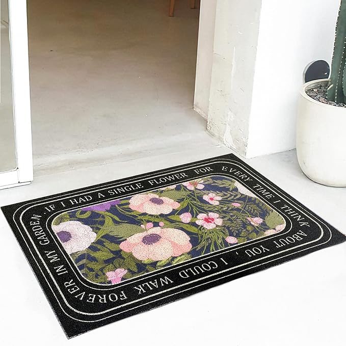 W&M Welcome Door Mat Waterproof Entrance Doormat Indoor and Outdoor Washable Flower Entry Rug with Non Slip Rubber Backing Low Profile Floor Mat Easy Clean-Floral Design