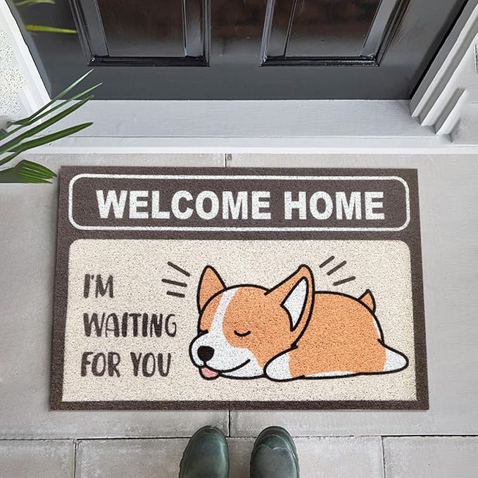 W&M Welcome Home Door Mat Waterproof Entrance Entry Pet Lover Doormat for Indoor Outdoor Washable Front Porch Rug Non Slip Rubber Back Low Profile Easy Clean-Cute Dog Design