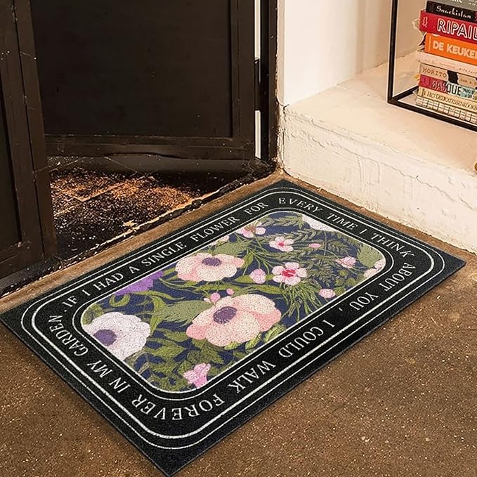 W&M Welcome Door Mat Waterproof Entrance Doormat Indoor and Outdoor Washable Flower Entry Rug with Non Slip Rubber Backing Low Profile Floor Mat Easy Clean-Floral Design