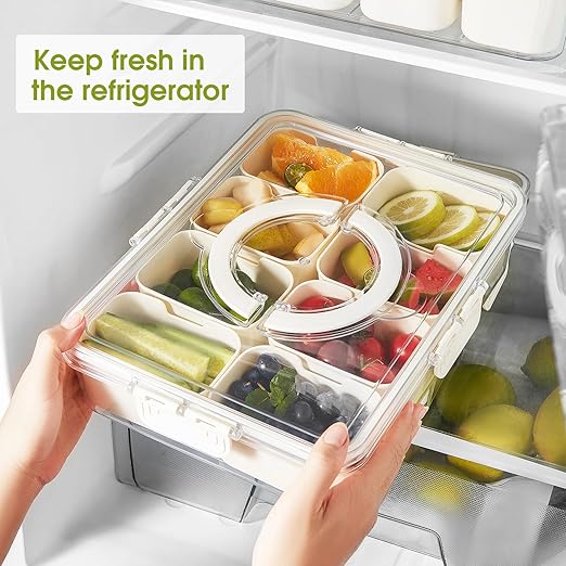 Snackle Box Container - Divided Serving Tray with Lid & Handle, Portable Snack Organizer for Candy, Fruits, Nuts, Treats - Leakproof Bento-Style Platter for Parties, Travel, Picnics