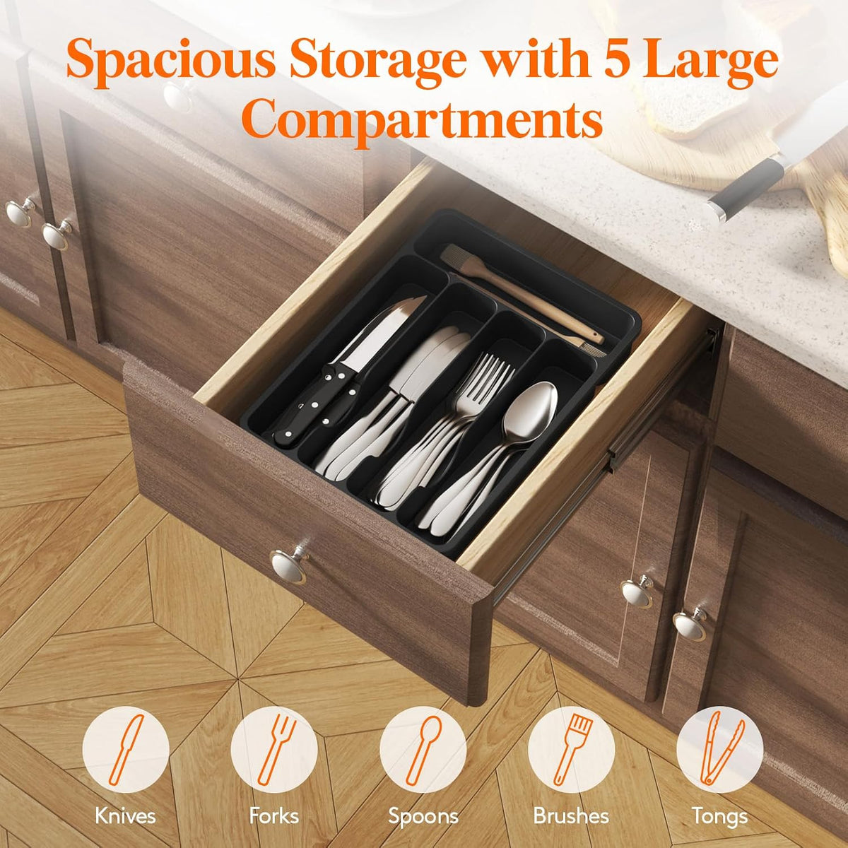 Silverware Drawer Organizer Tray, Plastic Cutlery Organizer for Kitchen Drawer, Flatware and Utensil Holder Divider for Spoons Forks Knives Tableware, 5 Compartment, Black