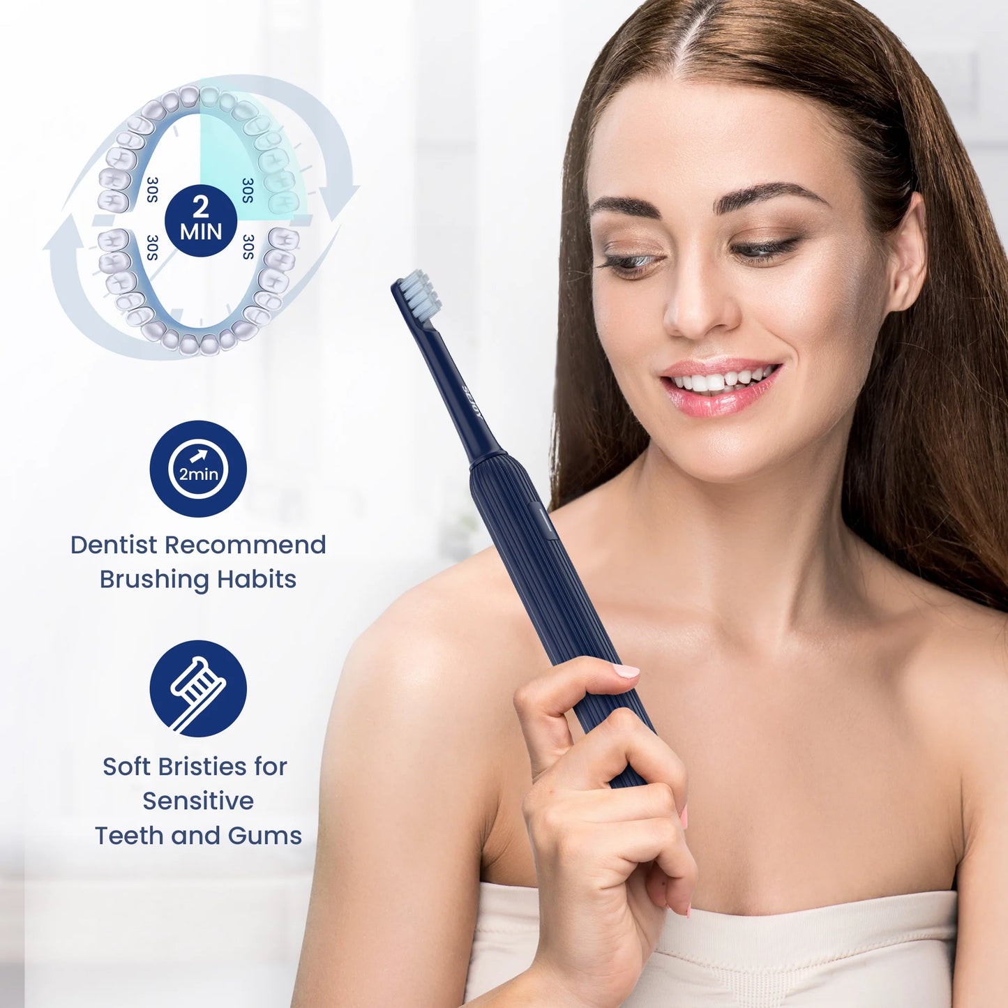 Sejoy 电动牙刷，可充电电动牙刷，快充声波牙刷，带旅行锁，4 个刷头，礼品装，海军蓝