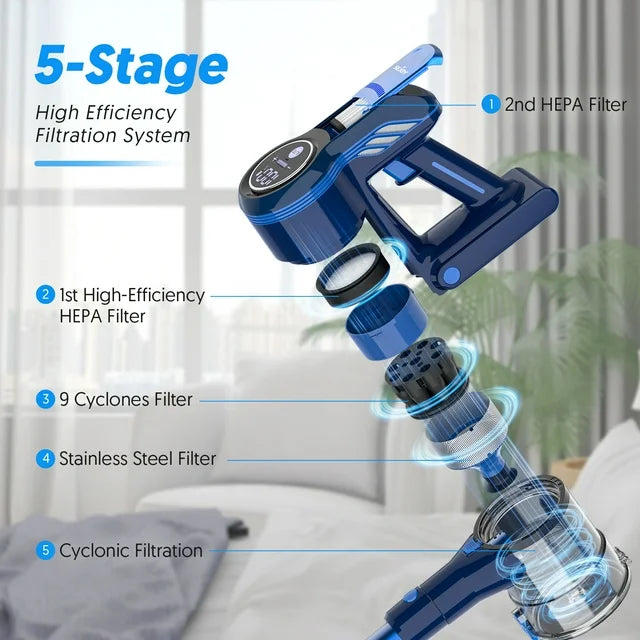 SEJOY 无绳手持吸尘器，25KPa 吸力，带触摸显示屏，续航时间 60 分钟，轻巧便携，适用于地毯、硬木地板和宠物毛发清洁。
