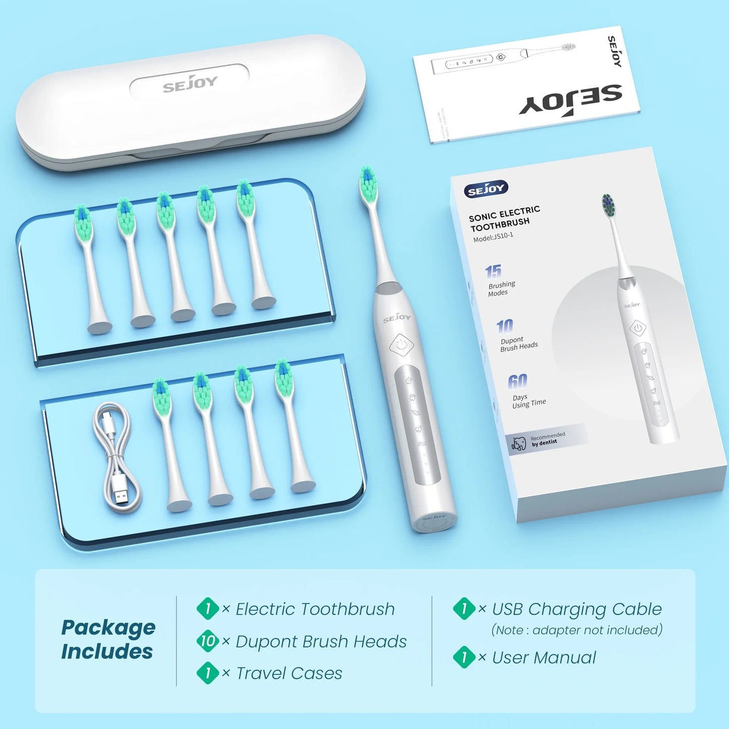 Sejoy 声波电动牙刷，成人儿童通用，10 个刷头，5 种模式，智能定时器，防水