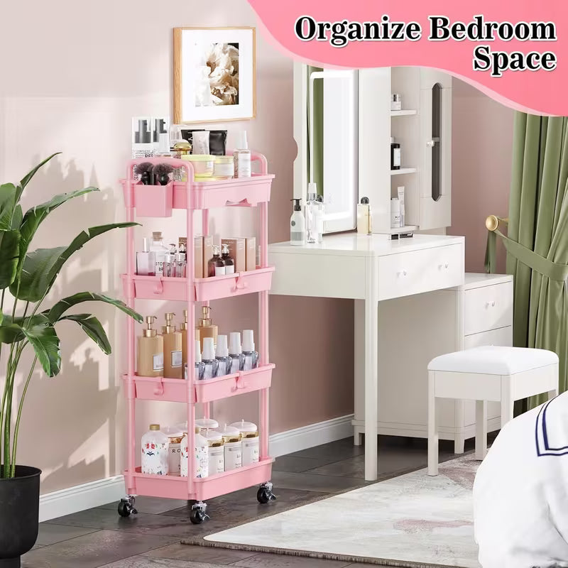 4-Tier Rolling Storage Cart Organizer with Drawer and Wheels – Pink