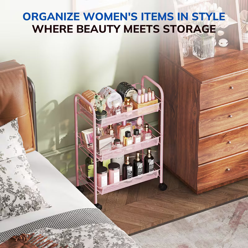 3-Tier Metal Rolling Utility Cart with Wheels & 4 Hooks – Mesh Storage Trolley for Kitchen, Bathroom & Laundry, Pink