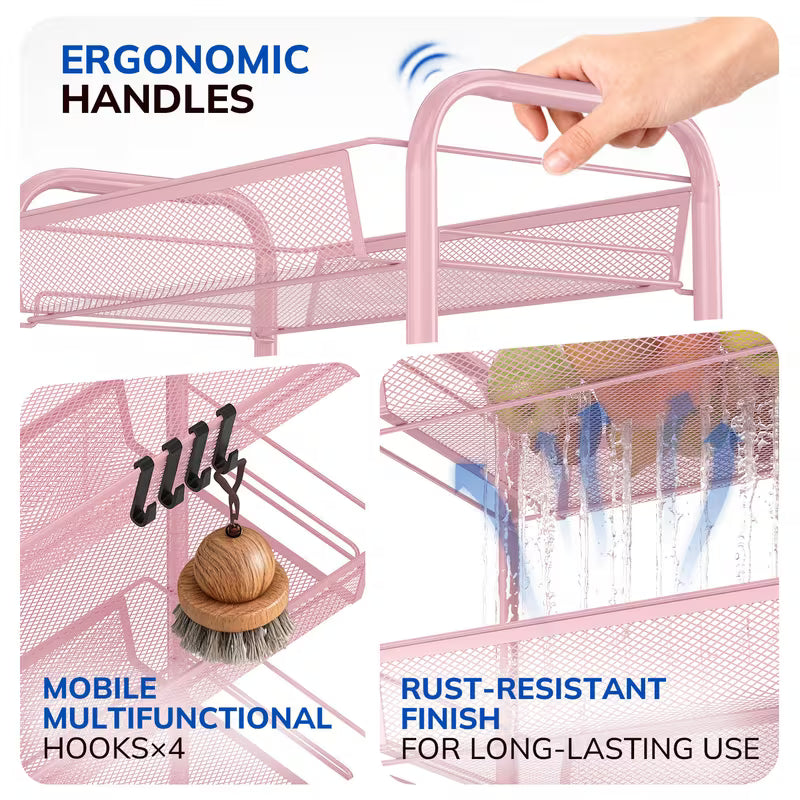 3-Tier Metal Rolling Utility Cart with Wheels & 4 Hooks – Mesh Storage Trolley for Kitchen, Bathroom & Laundry, Pink