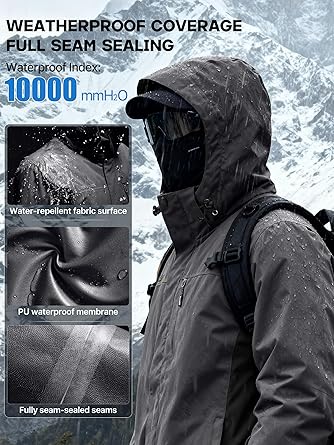 FREE SOLDIER Men's Waterproof Ski Snow Jacket Fleece Lined Warm Winter Rain Jacket with Hood Fully Taped Seams