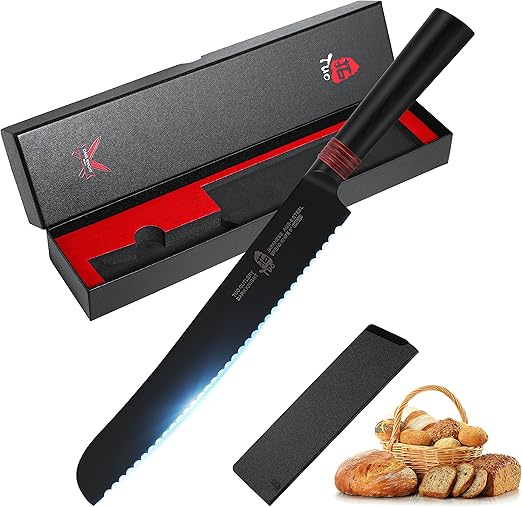 TUO Serrated Bread Knife 9" - Super Sharp Carving Knife Black - HC Japanese AUS-8 Stainless Steel - Comfortable Pakkawood Handle with Sheath & Luxurious Gift Box - Dark Knight Series