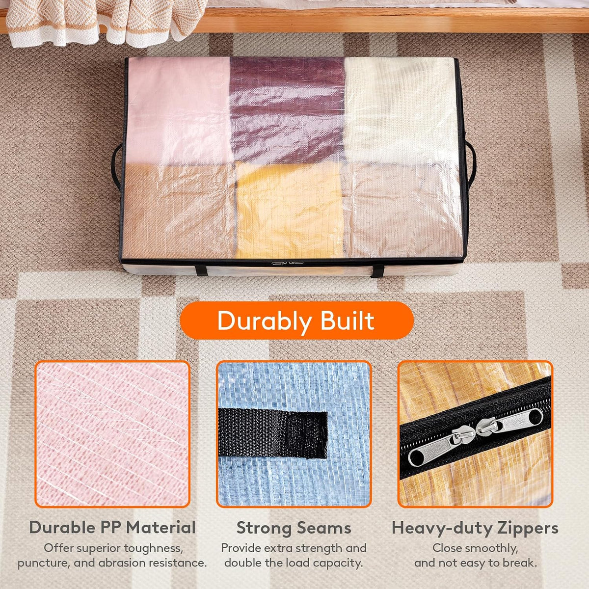 4 Pack Under Bed Storage, Large Clear Plastic Storage Bags, Clothes Storage Boxes Wardrobe Storage Organizer with Reinforced Handle Durable PP Fabric for Bedding Clothes Blanket, 60L