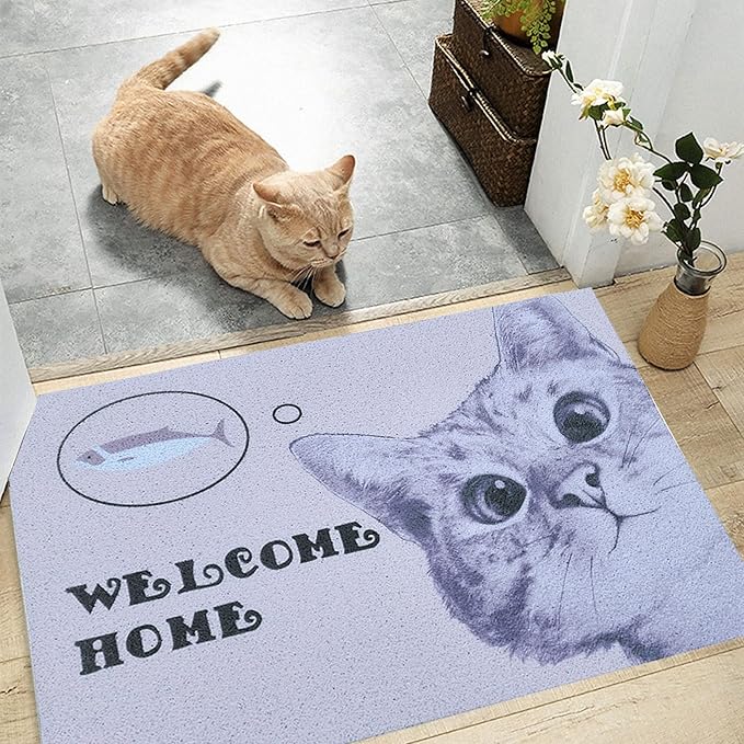 W&M Welcome Door Mat Cute Kitty Waterproof Entrance Entry Doormat for Indoor Outdoor Washable Front Porch Rug with Non Slip Rubber Back Low Profile Floor Easy Clean-Welcome Cat Design-Beige
