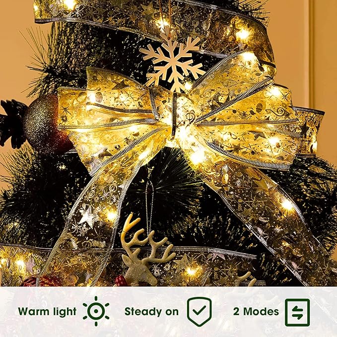Christmas Tree Ribbon Lights Gold 32ft (2X16ft) 100 LED Lights Battery Powered Double Layer Copper Wire Ribbon Bows Fairy Strings Lights for Weddings New Year Christmas Tree Decorations
