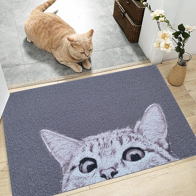W&M Welcome Door Mat Cute Kitty Waterproof Entrance Entry Doormat for Indoor Outdoor Washable Front Porch Rug with Non Slip Rubber Back Low Profile Floor Easy Clean-Welcome Cat Design-Grey