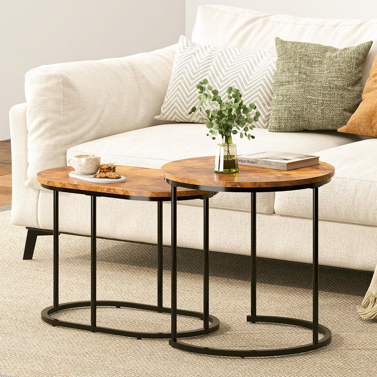 soges Modern Faux Marble 2PCS Round End Tables, Stacking Nesting Side Table Set of 2, Coffee Table Set for Living Room, Office