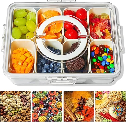 Snackle Box Container - Divided Serving Tray with Lid & Handle, Portable Snack Organizer for Candy, Fruits, Nuts, Treats - Leakproof Bento-Style Platter for Parties, Travel, Picnics