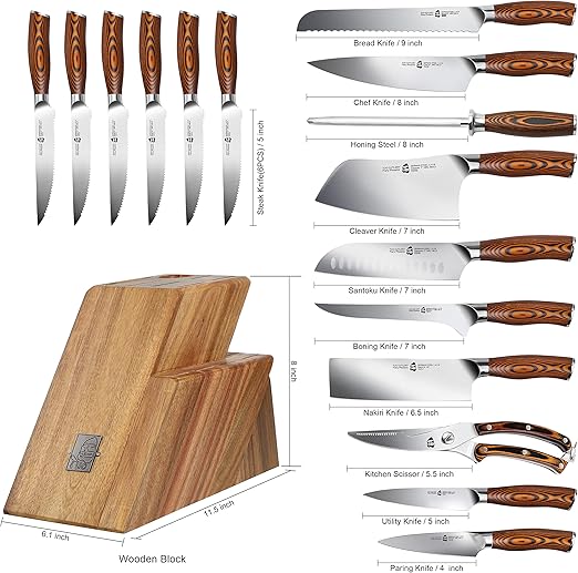 TUO 17 PCS Kitchen Knives Set - Kitchen Block Set with Steak Knife - German X50CrMov15 Steel Blade - Full Tang Pakkawood Handle - Gift Box Included - Fiery Series