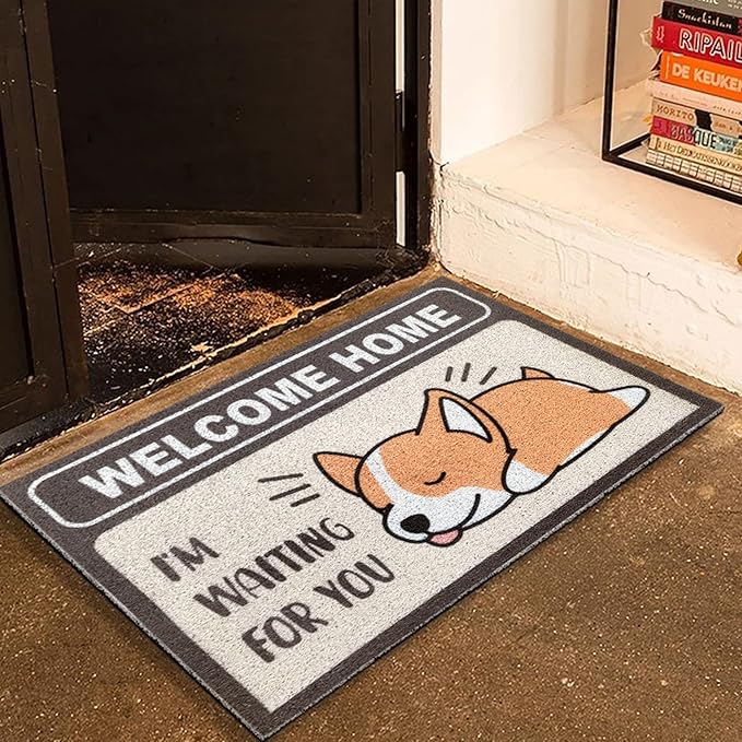 W&M Welcome Home Door Mat Waterproof Entrance Entry Pet Lover Doormat for Indoor Outdoor Washable Front Porch Rug Non Slip Rubber Back Low Profile Easy Clean-Cute Dog Design
