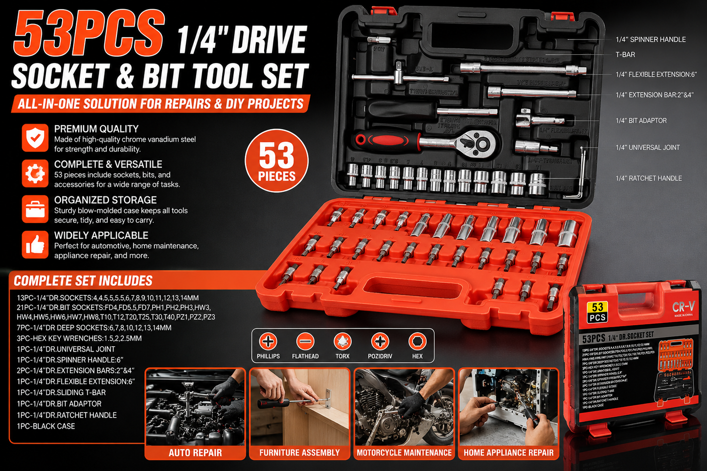🔧 53PCS 1/4" Drive Socket & Bit Tool Set 🔧