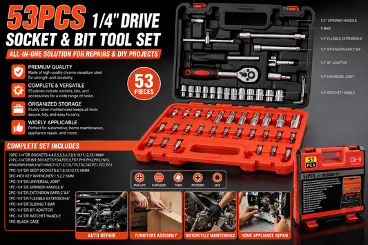 🔧 53PCS 1/4" Drive Socket & Bit Tool Set 🔧