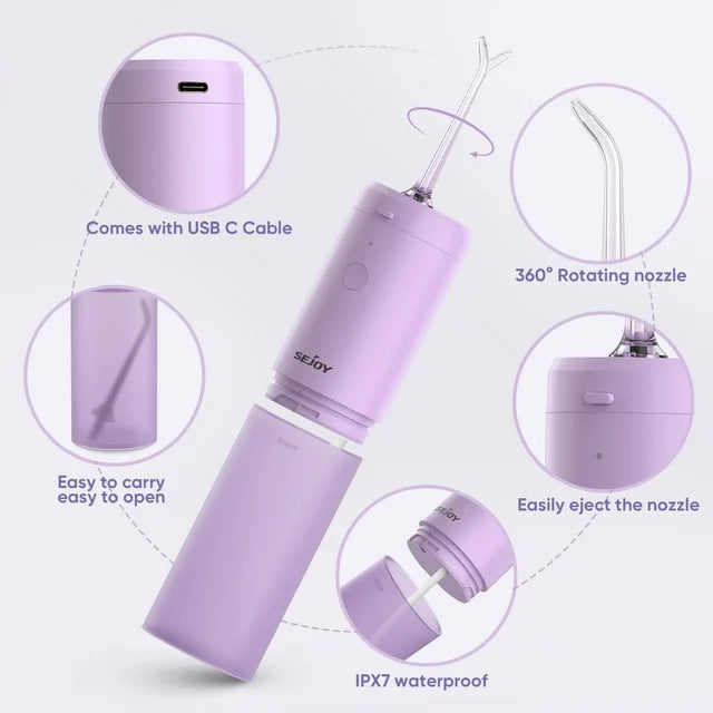 Sejoy Cordless Water Flosser Portable Oral Irrigator Rechargeable Collapsible Travel Teeth Cleaner IPX7 Waterproof, Purple