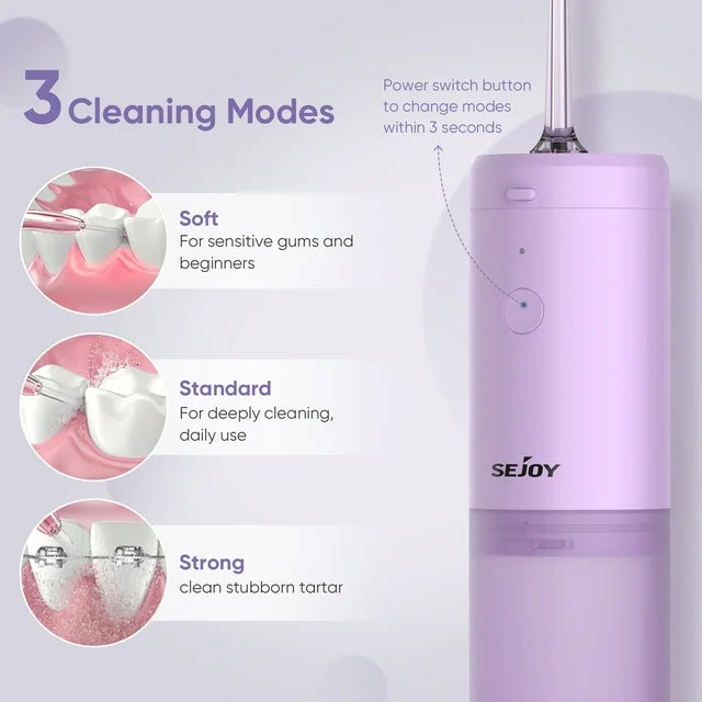 Sejoy Cordless Water Flosser Portable Oral Irrigator Rechargeable Collapsible Travel Teeth Cleaner IPX7 Waterproof, Purple