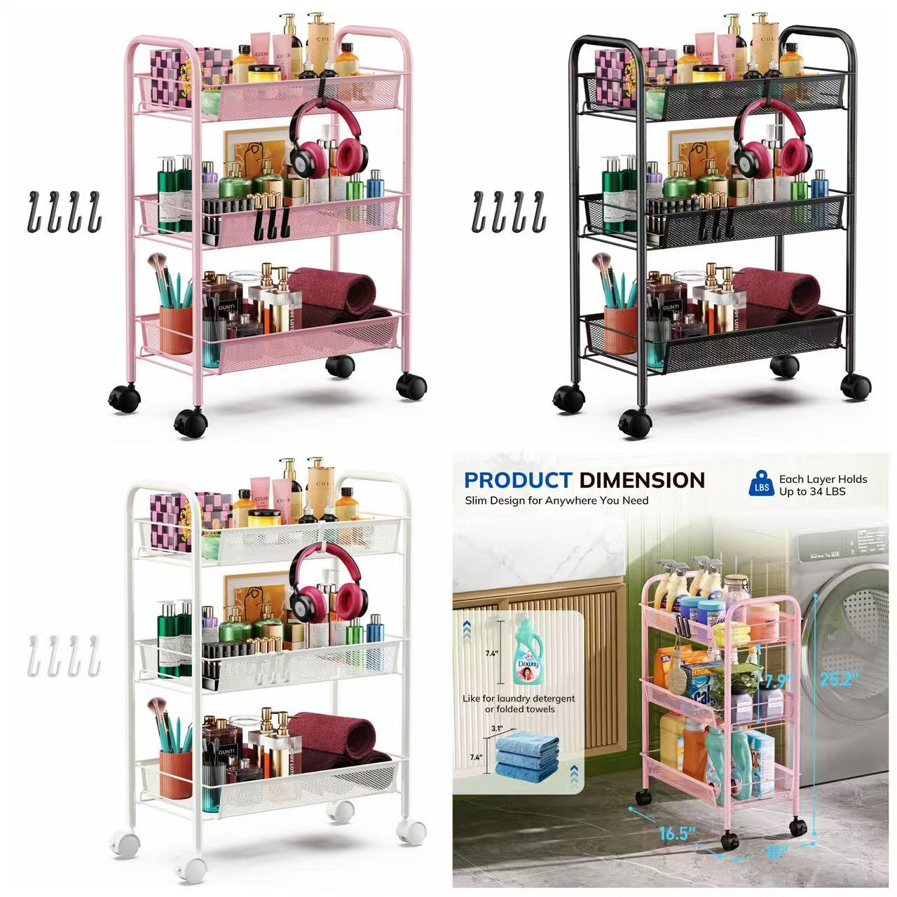 Goovilla 3-Tier Metal Rolling Cart, Mesh Wire Easy Assemble Utility Cart, Storage Trolley on Wheels with 3 Hooks, Metal Storage Shelving Units for Kitchen Bathroom Laundry Living Room, Black