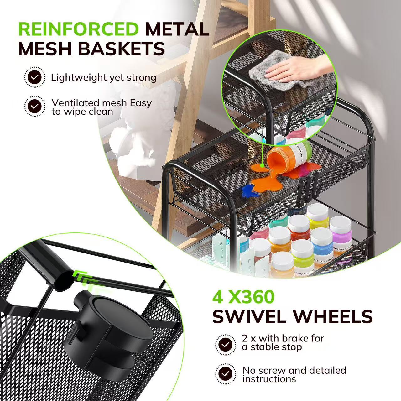 Goovilla 3-Tier Metal Rolling Cart, Mesh Wire Easy Assemble Utility Cart, Storage Trolley on Wheels with 3 Hooks, Metal Storage Shelving Units for Kitchen Bathroom Laundry Living Room, Black