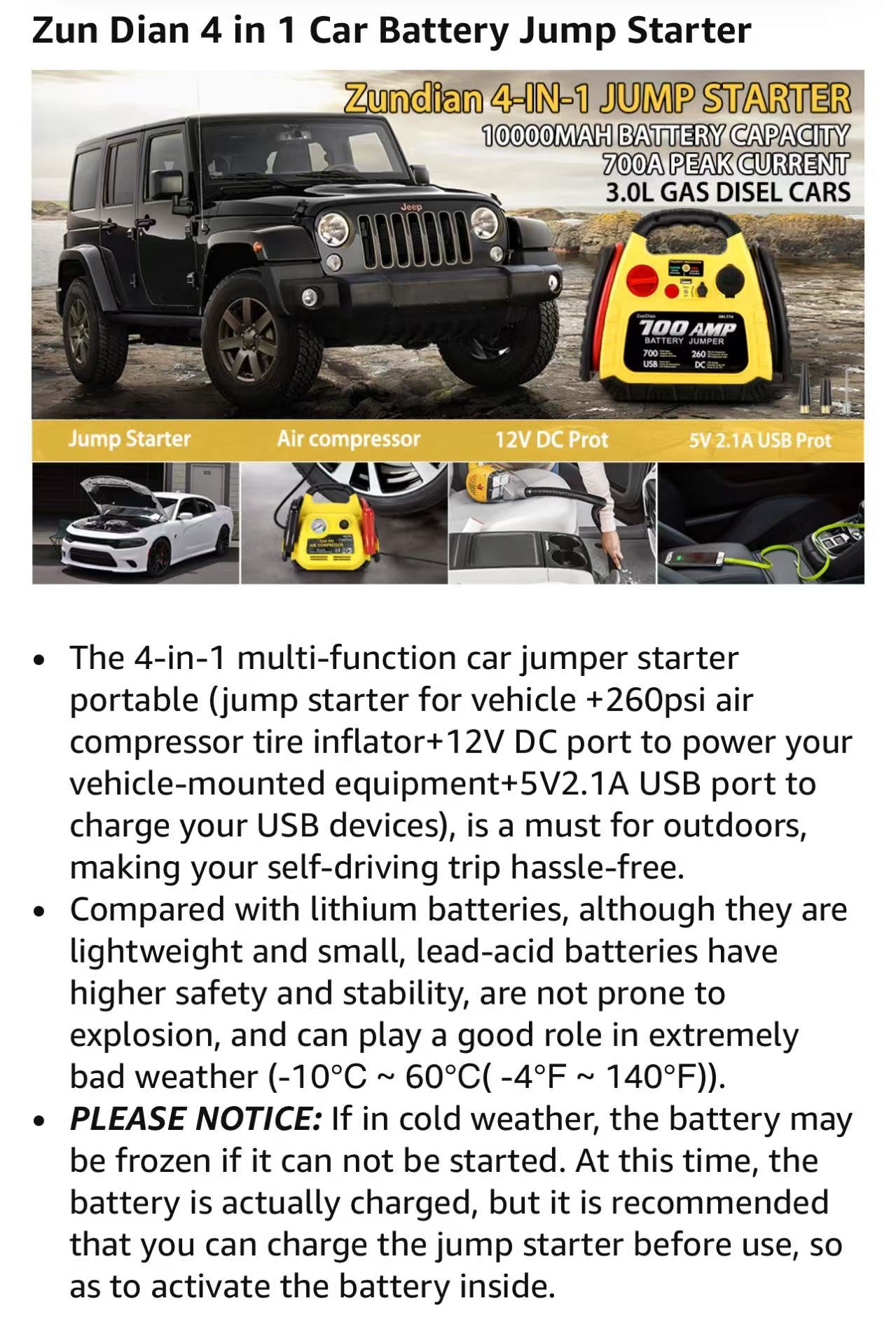 Zun Dian 4 in 1 Car Battery Jump Starter Zundian 4-IN-1 JUMP STARTER1000OMAH BATTERY CAPACITY70OA PEAK CURRENT3.OL GAS DISEL CARS
