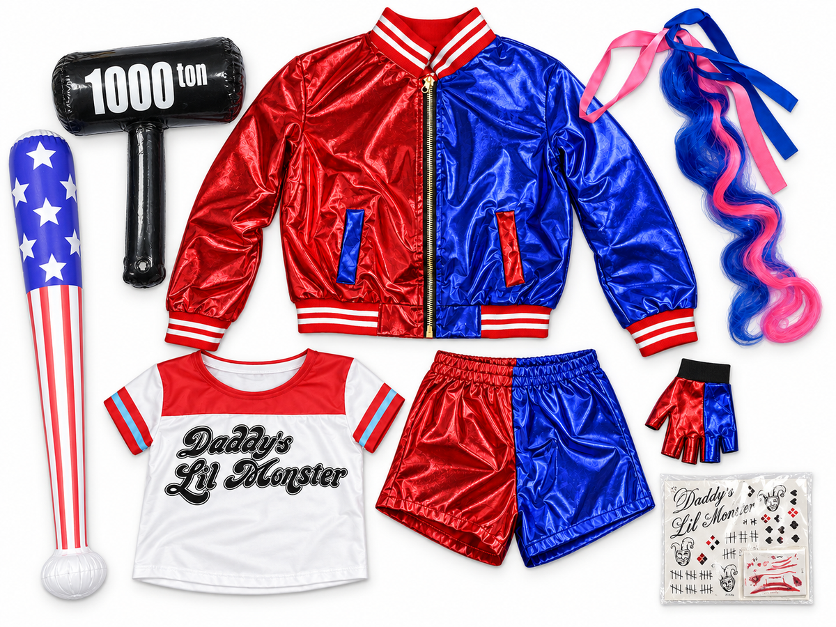 Girls Red & Blue Jester Halloween Costume Set with Wig, Jacket, Shorts & Inflatable Props – Sizes 110–150