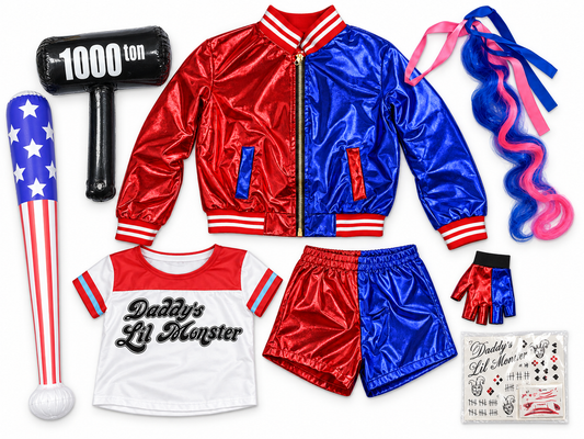 Girls Red & Blue Jester Halloween Costume Set with Wig, Jacket, Shorts & Inflatable Props – Sizes 110–150