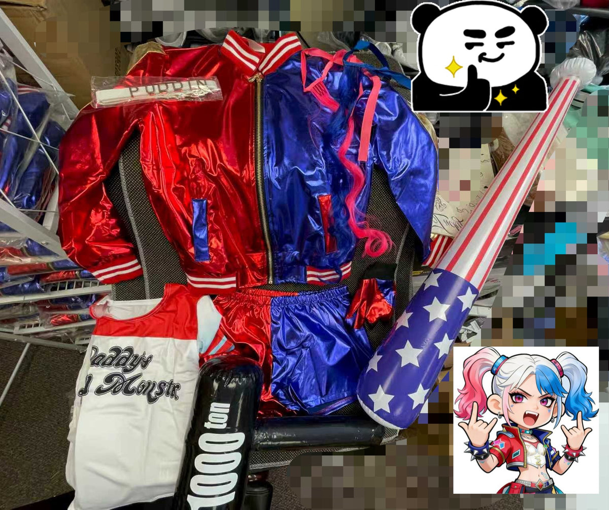 Girls Red & Blue Jester Halloween Costume Set with Wig, Jacket, Shorts & Inflatable Props – Sizes 110–150