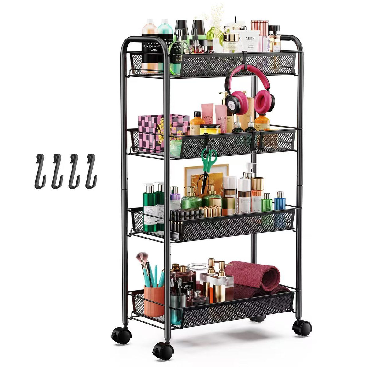 Goovilla 4-Tier Metal Rolling Cart, Mesh Wire Easy Assemble Utility Cart, Storage Trolley on Wheels with 4 Hooks, Metal Storage Shelving Units for Kitchen Bathroom Laundry Living Room, Pink