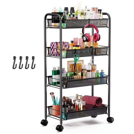 Goovilla 4-Tier Metal Rolling Cart, Mesh Wire Easy Assemble Utility Cart, Storage Trolley on Wheels with 4 Hooks, Metal Storage Shelving Units for Kitchen Bathroom Laundry Living Room, Black