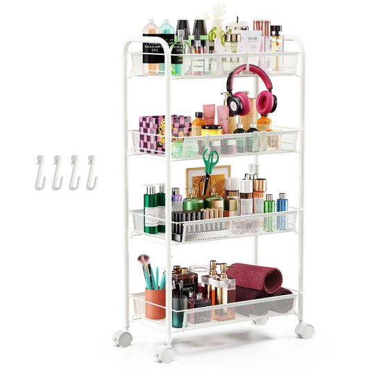 Goovilla 4-Tier Metal Rolling Cart, Mesh Wire Easy Assemble Utility Cart, Storage Trolley on Wheels with 4 Hooks, Metal Storage Shelving Units for Kitchen Bathroom Laundry Living Room, White