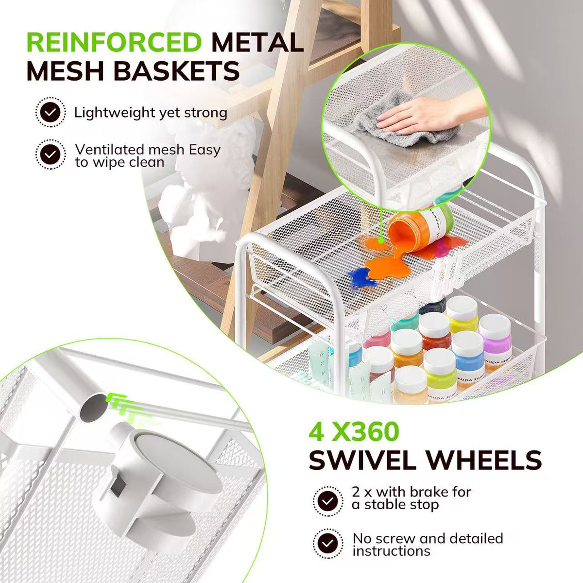 Goovilla 4-Tier Metal Rolling Cart, Mesh Wire Easy Assemble Utility Cart, Storage Trolley on Wheels with 4 Hooks, Metal Storage Shelving Units for Kitchen Bathroom Laundry Living Room, Pink