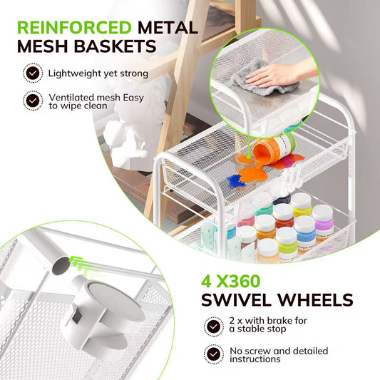 Goovilla 4-Tier Metal Rolling Cart, Mesh Wire Easy Assemble Utility Cart, Storage Trolley on Wheels with 4 Hooks, Metal Storage Shelving Units for Kitchen Bathroom Laundry Living Room, Black