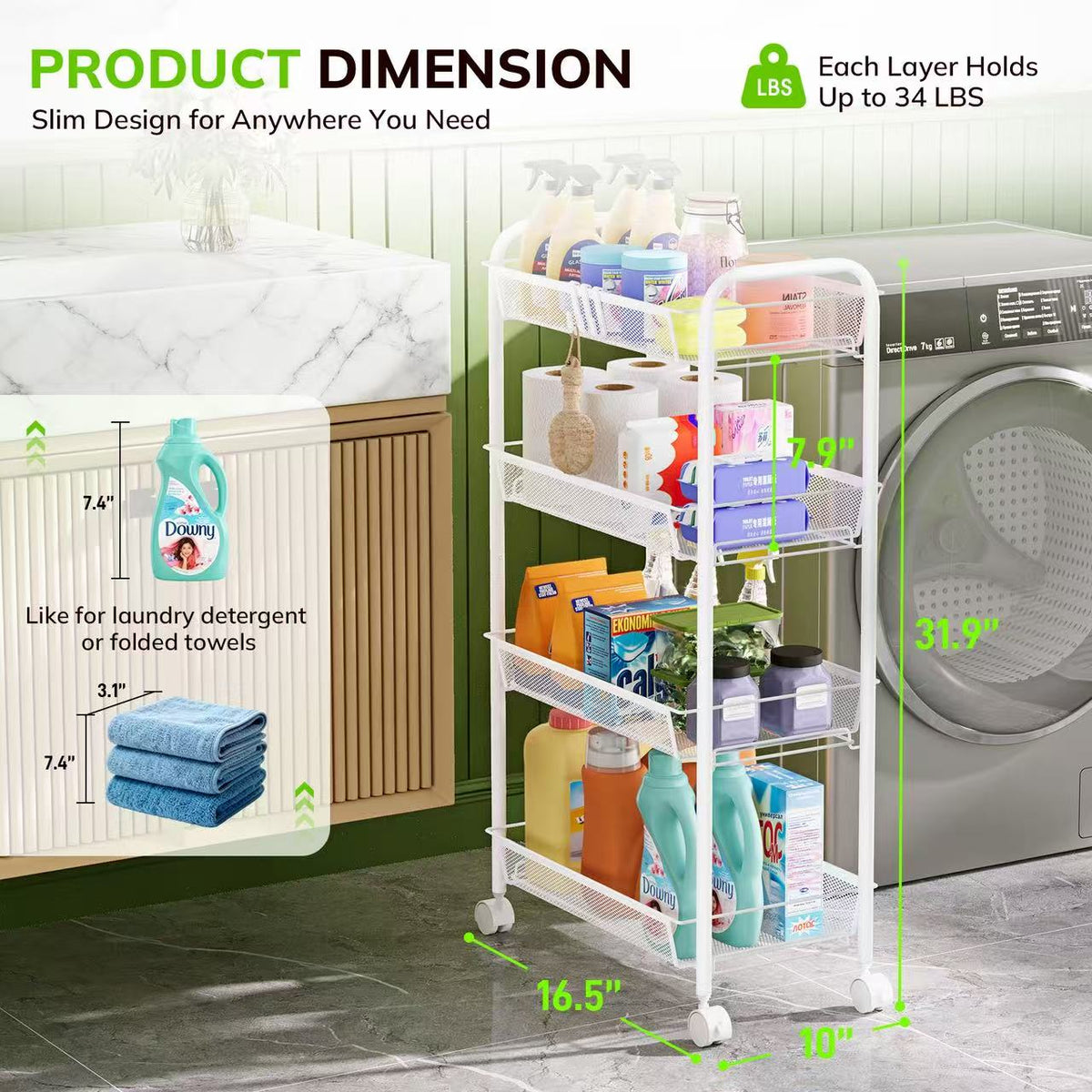 Goovilla 4-Tier Metal Rolling Cart, Mesh Wire Easy Assemble Utility Cart, Storage Trolley on Wheels with 4 Hooks, Metal Storage Shelving Units for Kitchen Bathroom Laundry Living Room, Pink