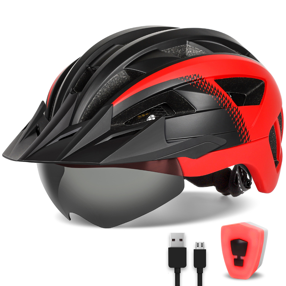 Adult Bike Helmet with Visor and Goggles for Men Women Mountain Road Bicycle Helmet Rechargeable Rear Light Cycling Helmet