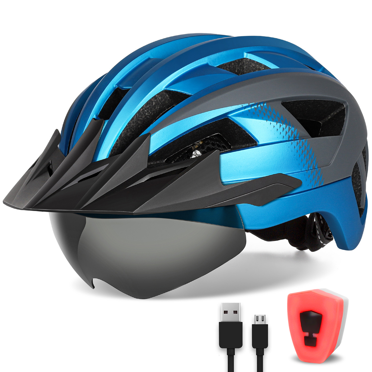 Adult Bike Helmet with Visor and Goggles for Men Women Mountain Road Bicycle Helmet Rechargeable Rear Light Cycling Helmet