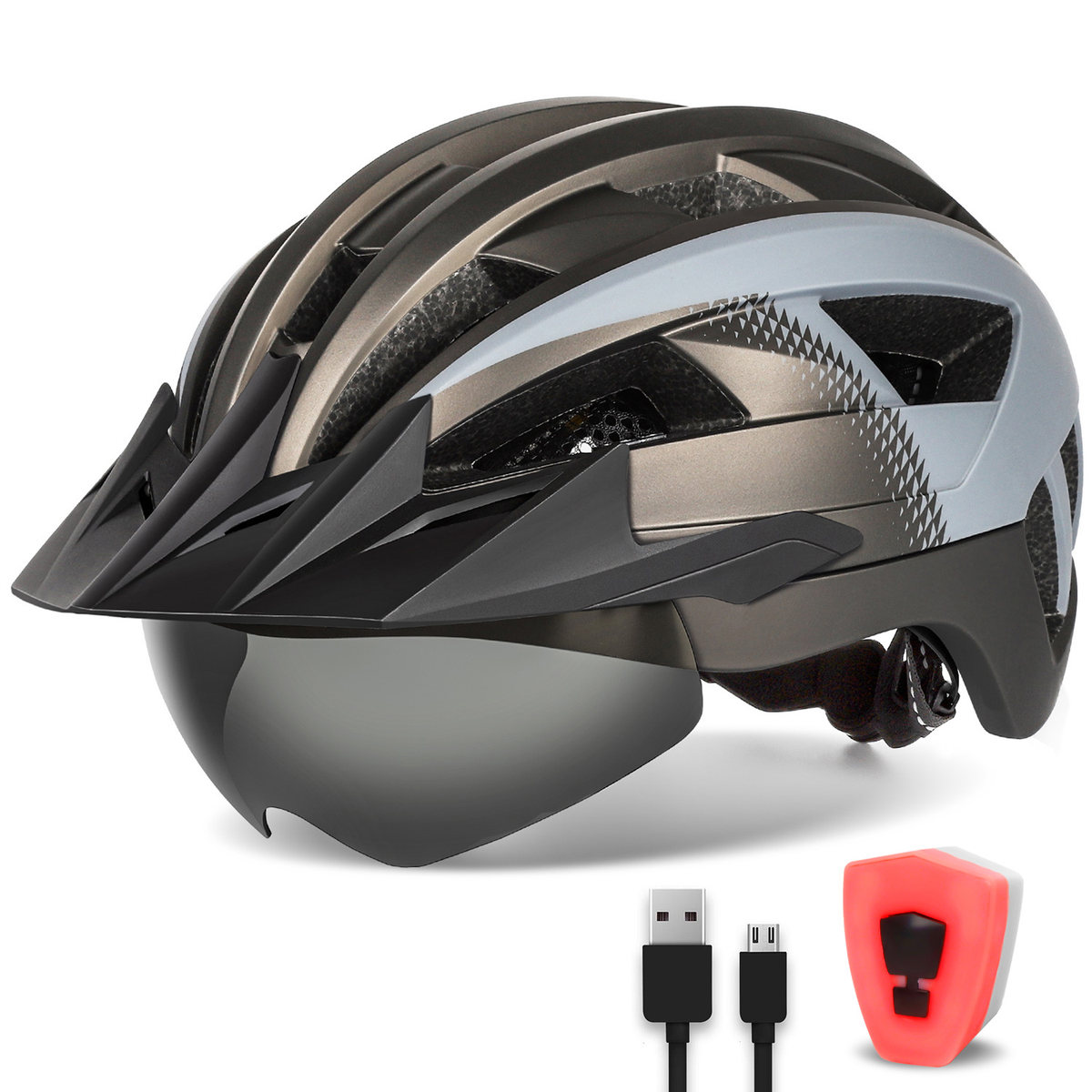 Adult Bike Helmet with Visor and Goggles for Men Women Mountain Road Bicycle Helmet Rechargeable Rear Light Cycling Helmet