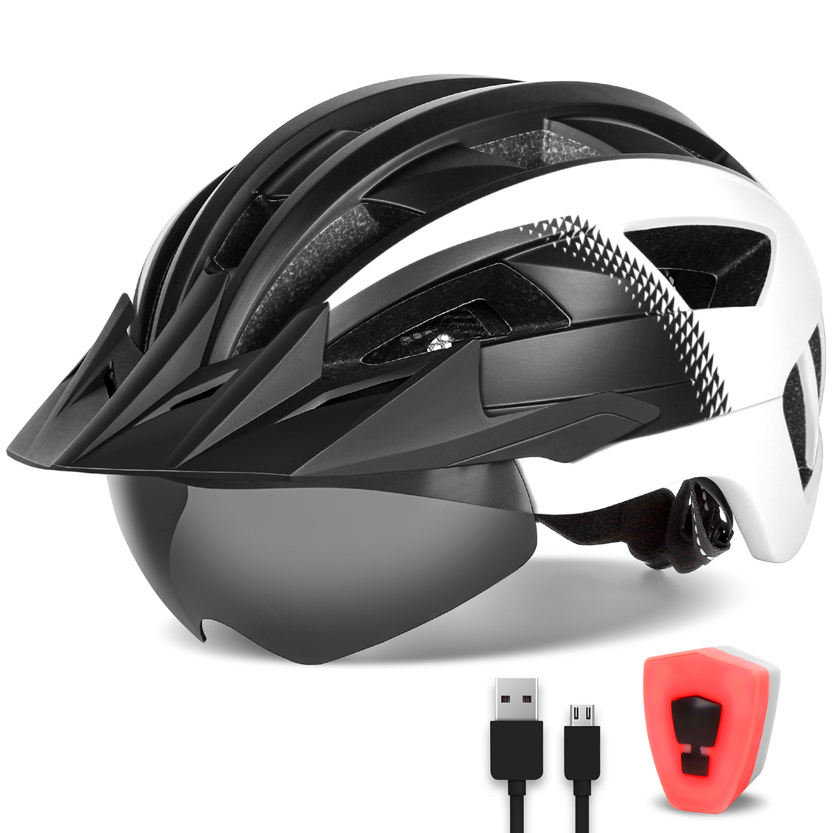 Adult Bike Helmet with Visor and Goggles for Men Women Mountain Road Bicycle Helmet Rechargeable Rear Light Cycling Helmet