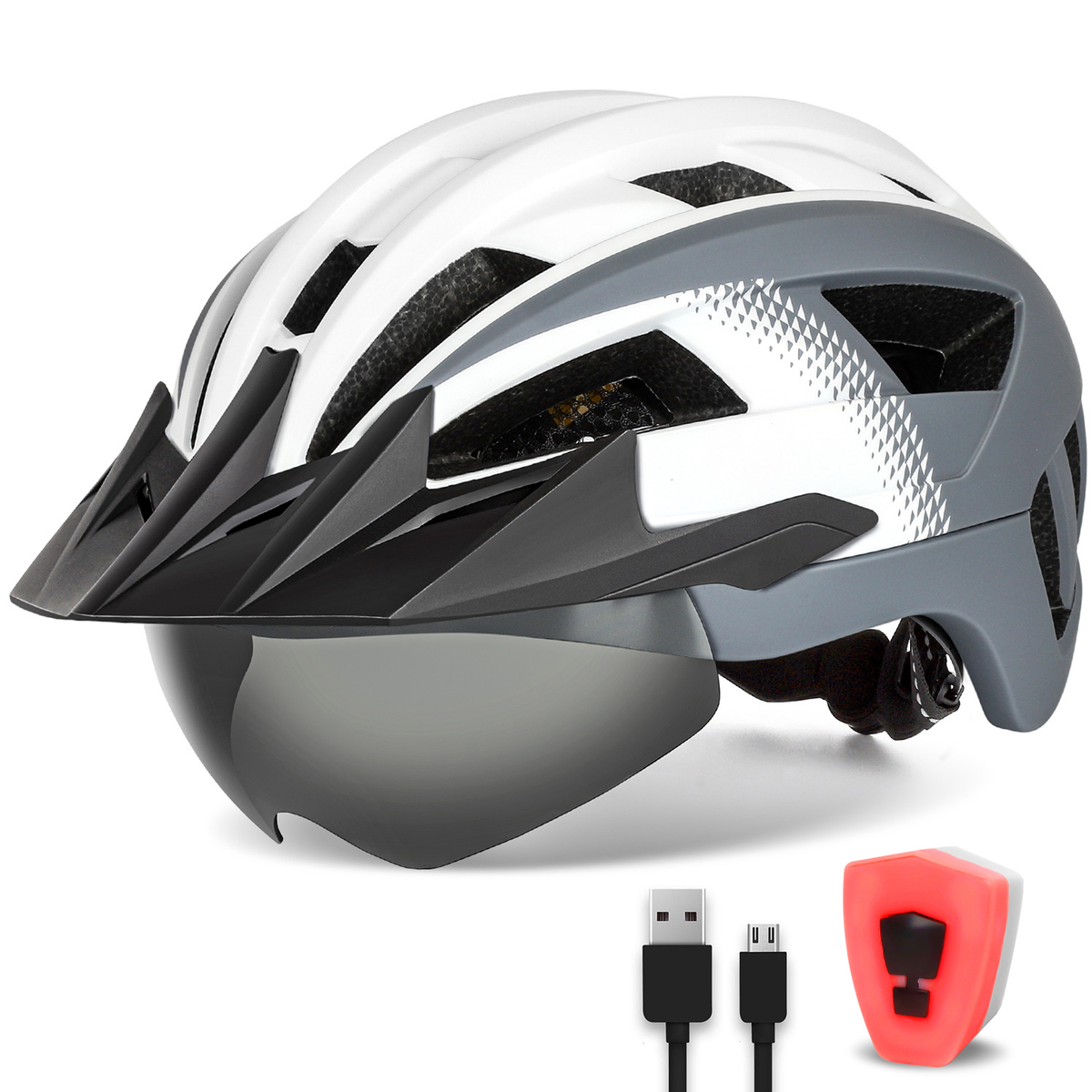 Adult Bike Helmet with Visor and Goggles for Men Women Mountain Road Bicycle Helmet Rechargeable Rear Light Cycling Helmet