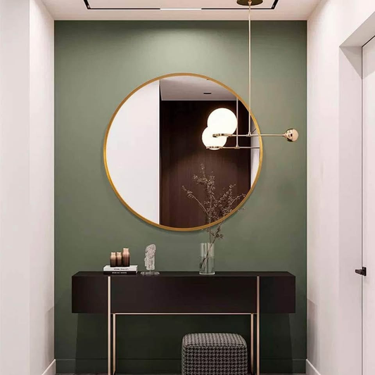 NeuType 圆形壁挂式化妆镜，大型悬挂式铝合金金属框架镜，适用于墙面装饰，现代风格，适用于浴室、客厅、玄关、卧室装饰（28 英寸，金色）