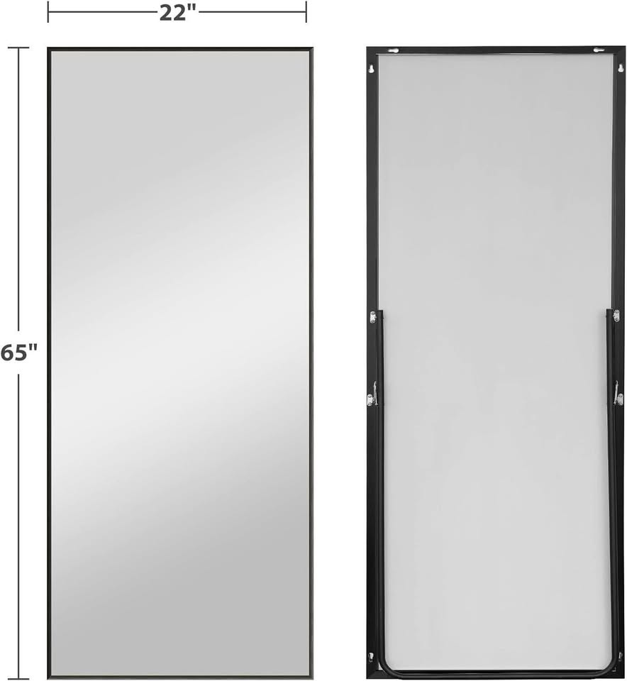 全身落地镜 65”×22” 金属铝合金框架落地镜，带支架，可立式、悬挂式或靠墙放置（黑色）