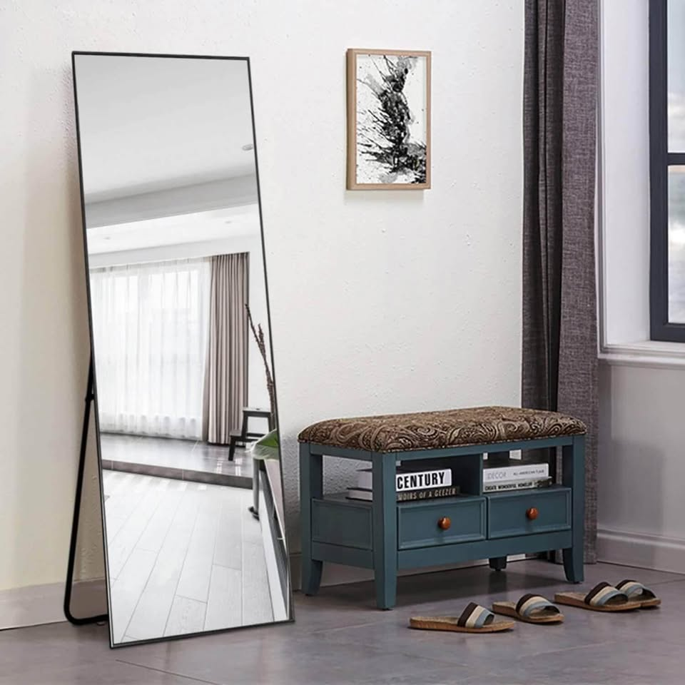 全身落地镜 65”×22” 金属铝合金框架落地镜，带支架，可立式、悬挂式或靠墙放置（黑色）