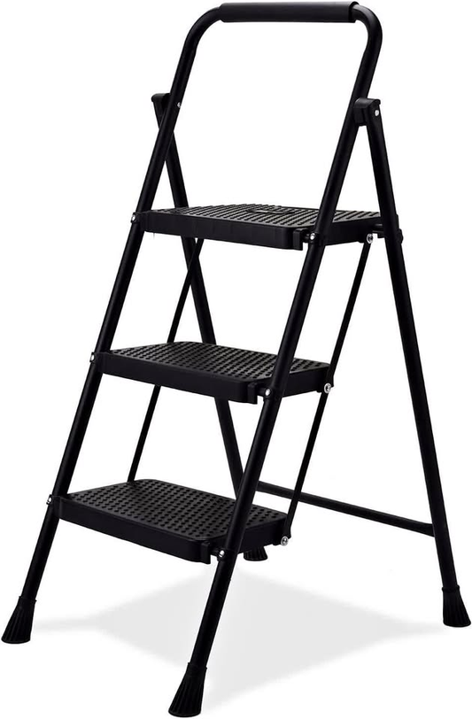 BOWEITI 3 Step Ladder, Portable Folding Step Stool with Wide Anti-Slip Pedal, Lightweight Sturdy Steel Ladder with Handrails,Large Capacity Ladder for Home Kitchen Library Office