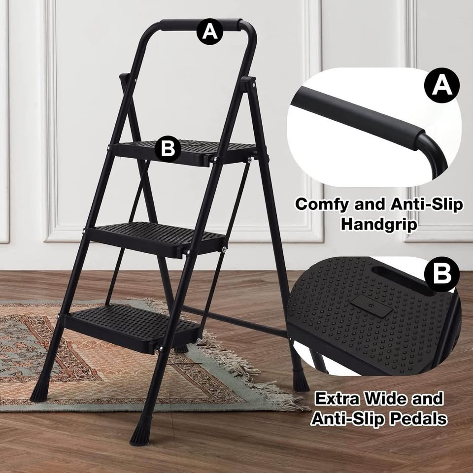 BOWEITI 三步梯，便携式折叠梯凳，带宽防滑踏板，轻便坚固的钢制梯子，带扶手，大承重梯，适用于家庭厨房、图书馆、办公室