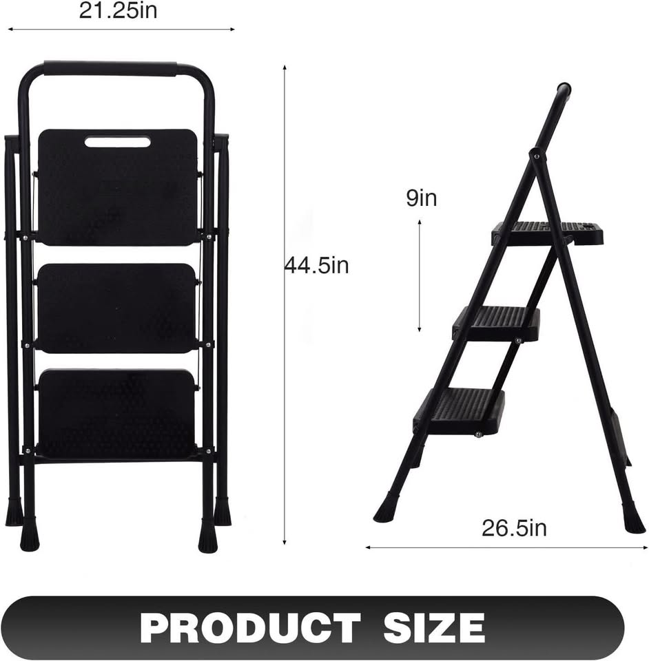 BOWEITI 三步梯，便携式折叠梯凳，带宽防滑踏板，轻便坚固的钢制梯子，带扶手，大承重梯，适用于家庭厨房、图书馆、办公室