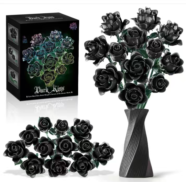 Black Roses Bouquet Building Set, Artificial Flowers Botanical Collection Building Block for Adults, Gothic Decor for Women, Girls